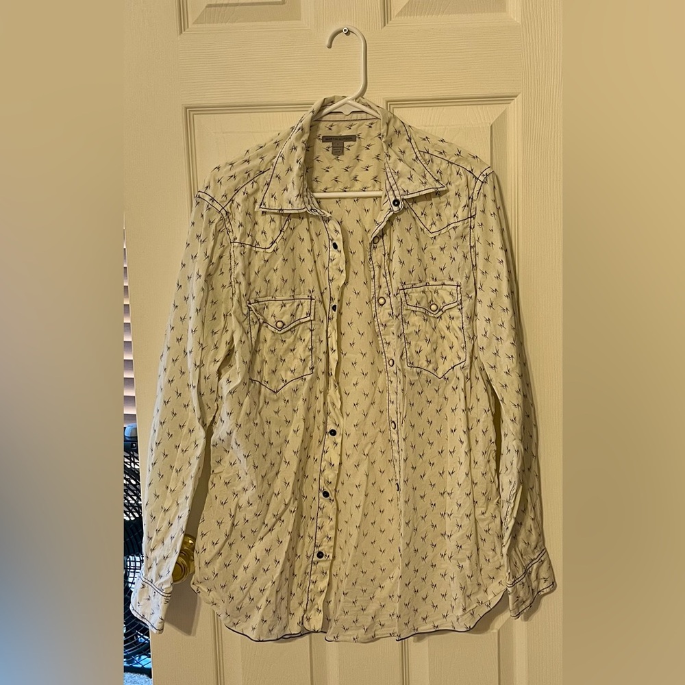 White and Blue Casual Button Down Shirt Lightweight Cotton